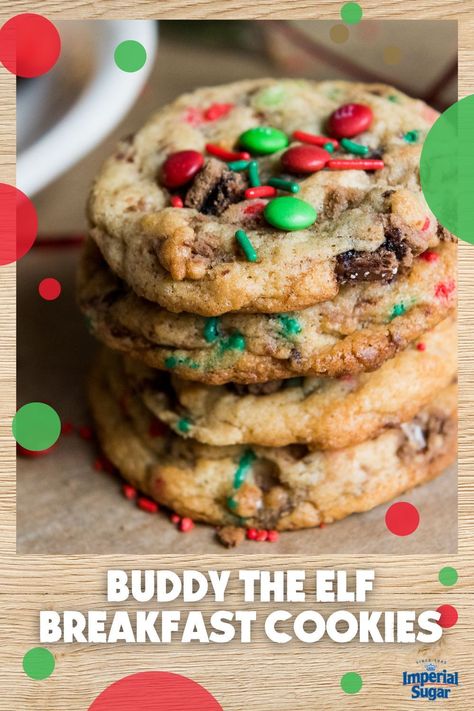 Inspired by the breakfast scene in the movie Elf, these cookies are a nod to our favorite Elf, Buddy. A maple flavored cookie chocked full of Pop Tarts®, sprinkles, and chocolate candies. While they might be more fitting for a holiday party or maybe a cookie exchange, we won't tell if you decide to sneak these for breakfast instead. For more cookie and bar recipes and ideas visit ImperialSugar.com and pin your favorites! Made this recipe? Show us! #imperialsugar #cookieexchange #holidaybaking Buddy Elf Cookies, Elf Themed Desserts, Elf Movie Desserts, Buddy The Elf Dessert, Elf Movie Themed Snacks, Elf Cookie Ideas, Elf Movie Snacks, Buddy The Elf Cookies, Buddy The Elf Breakfast