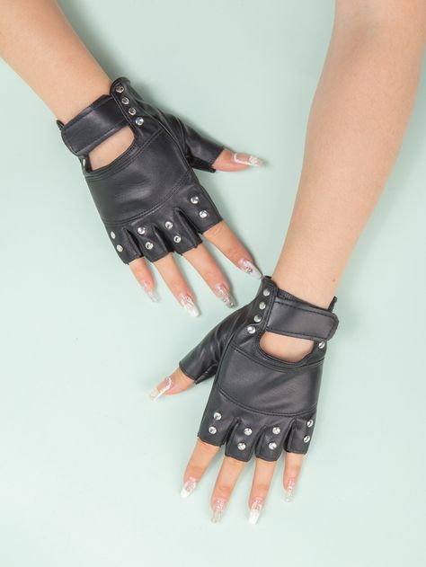 Black  Collar  Polyester Plain Fingerless Gloves Embellished   Women Accessories Black Gloves Fingerless, Fingerless Leather Gloves, Leather Fingerless Gloves, Black Fingers, Mode Punk, Pretty Jewelry Necklaces, Mode Costume, Hand Gloves, Moda Punk