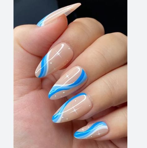 Nail designs | WhatsApp Channel Cerulean Blue Nails Acrylic, Blue Swirl Nails, Wavy Nails, Nail Art Bleu, Grad Nails, White Almond Nails, Birthday Nail Designs, The Minimalists, Birthday Nail