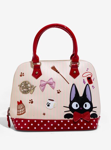 Hey, it's Jiji! You favorite companion cat has been turned into a companion handbag. This dome shaped satchel features a pale pink striped pattern with red patent faux-leather accents, and&nbsp; Kiki's Delivery Service &nbsp;inspired patched including Jiji, bows, and brooms! Interior drop and zip pockets.&nbsp;   12" x 9 1/2" x 6"  Polyurethane  Imported Studio Ghibli Kiki's Delivery Service, Ghibli Kiki's Delivery Service, Kiki Delivery, Kiki's Delivery Service, Plush Backpack, Hand Painted Shoes, Latest Bags, Cat Bag, Novelty Bags