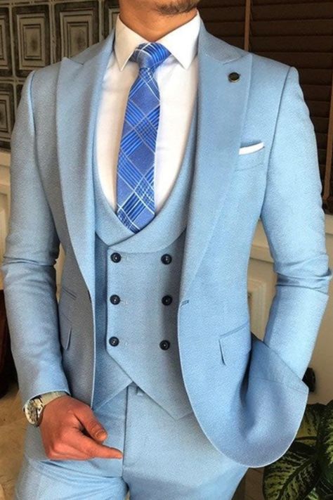 This is a light blue three piece suit with a double breasted vest / waistcoat. If you want this classy groom outfit custom made for you, book an appointment with us online. Light Blue Three Piece Suit, Double Breasted Three Piece Suit, Ice Blue Suit For Men, Wedding Suit Light Blue, Light Blue Prom Suit, Prom Suit Blue, Light Blue Prom Suits, Light Blue Suit Men, Sky Blue Tuxedo