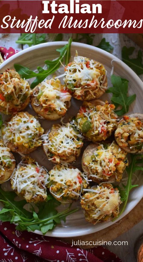 Why not kick off your next get together at home with these Italian Stuffed Mushrooms. Mushrooms stuffed with peppers, onions, herbs and topped with freshly grated parmesan cheese. A great appetizer to prepare in advance and then just pop in the oven before serving! Italian Stuffed Mushrooms, Mushroom Side Dishes, Mushrooms Stuffed, Nibbles For Party, Party Recipes, Great Appetizers, Christmas Appetizers, Mushroom Recipes, Parmesan Cheese