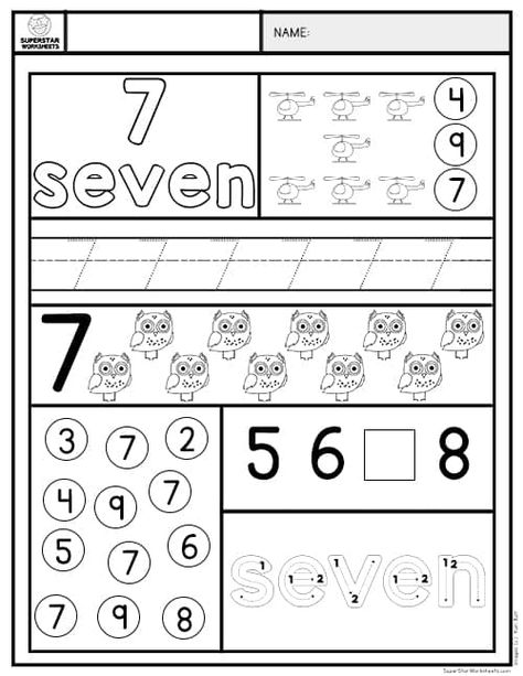 Number Seven Worksheet, Number 7 Worksheets For Preschool, Number Names 1 To 10, Number 7 Worksheet, Number 8 Worksheet, Color The Number, Superstar Worksheets, Recognizing Numbers, Preschool Counting Worksheets