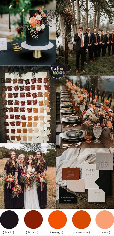 Wedding Color Pallets With Black, Rustic Wedding Inspo Colour Schemes, Fall Colors With Black, Fall Wedding Color Schemes Black, All Black Fall Wedding, Fall Wedding Color Palette With Black, Burnt Orange And Black Wedding Decorations, Black Wedding Dress Theme Color Schemes, Dark Boho Wedding Color Schemes