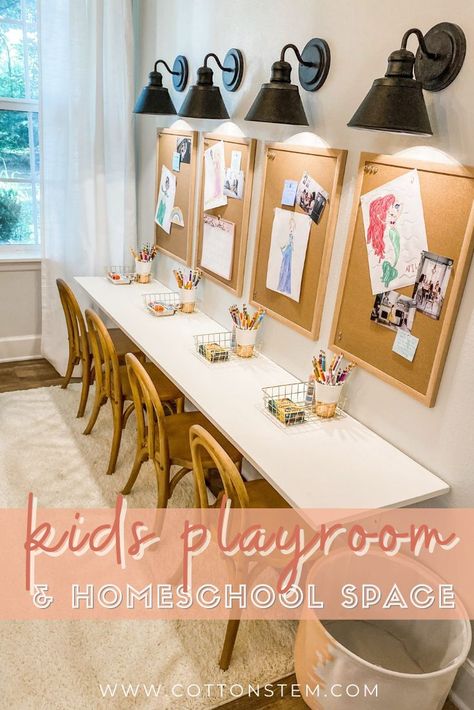 We recently cleaned out our spare bedroom and gave it a new purpose with this kid’s homeschool playroom design idea today! We kept it simple and practical, and they seem to love it already! #homeschoolroom #playroomideas #kidsrooms Kids Playroom Tables, Playroom Learning Center, Art Table Playroom, Basement Guest Room And Playroom, Kids Playroom With Desk, Playroom Ideas Vintage, Diy Playroom Desk, Homeschool Room Guest Room, Art Station Playroom