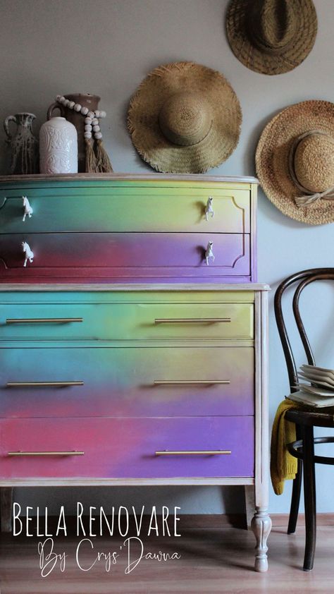 If you cannot have enough of colorful and magical furniture this is the tutorial for you: learn how to transform a simple and monochromatic dresser into an unique piece of furniture. #diy #dressermakeover #furnituretransformation. Unicorn Dresser, Paint On Furniture, Furniture Painting Tutorial, Furniture Makeover Inspiration, Unicorn Room, Magical Furniture, Refinishing Furniture Diy, Magical Rainbow, Eclectic Furniture