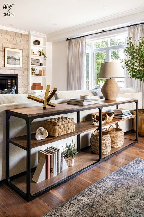 living room console styled with books, baskets, and decor items behind sofa Behind Couch Console, Behind Sofa Console, Table Behind Sofa, Console Table Ideas, Sofa Table Styling, Decor Console Table, Console Table Behind Sofa, West Of Main, Console Table Decor