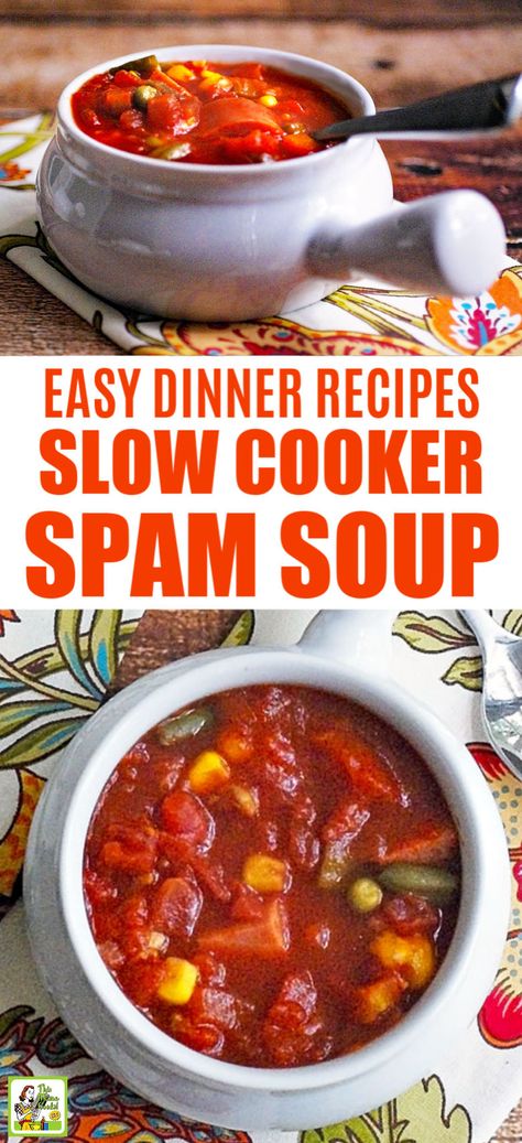 Looking for easy dinner recipes? Make a batch of Easy Slow Cooker SPAM Soup with cans from your well-stocked pantry and SPAM! Made from canned vegetables, canned tomatoes, and SPAM. Make this healthy and delicious soup in your crock-pot. Freeze leftovers for later. #slowcooker #crockpot #soup #spam #easyrecipes #recipes #dinner #easydinner #dinnerrecipes #freezerrecipes Spam Crockpot Recipes, Spam Soup Recipes, Spam Soup, Spam Recipes Dinners, Freeze Leftovers, Stocked Pantry, Spam Recipes, Crockpot Soup, Canned Tomatoes