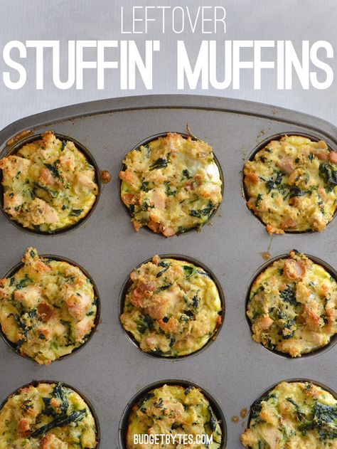 Repurpose those Thanksgiving leftovers with these Leftover Stuffin' Muffins - BudgetBytes.com Leftover Stuffing Recipes, Stuffin Muffins, Muffins Blueberry, Holiday Leftovers, Thanksgiving Leftover Recipes, Leftover Turkey Recipes, Zucchini Muffins, Thanksgiving Leftovers, Stuffing Recipes