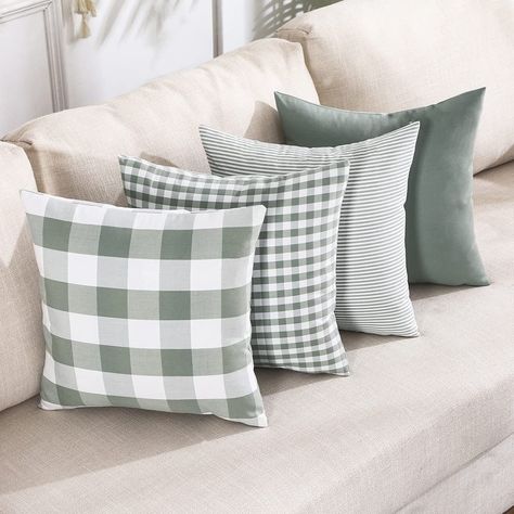 PRICES MAY VARY. Polyester ★Only Farmhouse Pillow Covers★ Set of 4 green buffalo check throw pillow covers 18x18 inch. No Insert or Filler included, you need to buy the pillow inserts separately, 18x18 inch or 20x20 inch pillow inserts are both okay. ★Farmhouse Plaid Design★ The classic double-sided buffalo plaid and stripes pattern pillow covers are perfect for decorating living room, bedroom, patio furniture, porch Swing, balcony, car, office and etc. They can fresh your home in a moment, whic Green Plaid Pillows, Buffalo Plaid Pillows, Neutral Throw, Neutral Throw Pillows, Plaid Pillow Covers, Green Checkered, Checkered Design, Plaid Pillow, Green Throw Pillows