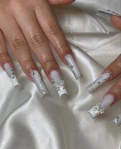 Chrome French Tip Nails Square Long, Silver Chrome Birthday Nails, White Square Nails Design, Chrome French Tip Nails Tapered Square, White And Silver Long Acrylic Nails, Silver Chrome French Tip Nails With Charms, Nails Nailpolish, Pink Ombre Nails, Beige Nails