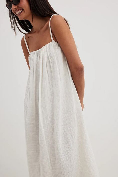 Dresses for women online | NA-KD Midsize Outfits, Casual White Dress, Summer Wedding Dress, Midi Dress Summer, Wedding Guest Dress Summer, Sheer Fabric, White Midi Dress, Linen Clothes, Strap Dress