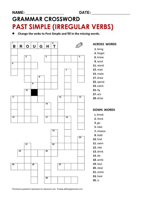 English Crosswords Worksheets, Past Simple Irregular Verbs Worksheets, Irregular Verbs Worksheet, Word Classes, English Language Activities, Irregular Verb, Materi Bahasa Inggris, English Grammar Exercises, Simple Past