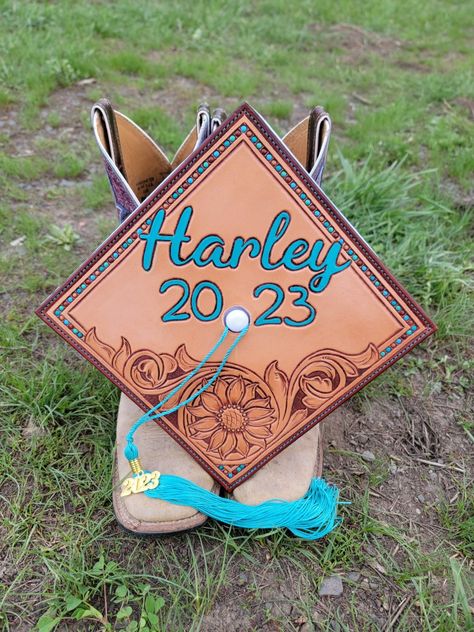 Custom Leather Graduation Cap, Photo Graduation Cap, Cowboy Graduation Cap, Leather Grad Cap Ideas, Leather Graduation Cap Designs, Country Grad Cap Ideas, Grad Cap Ideas Western, Tooled Leather Grad Cap, Country Graduation Cap Designs