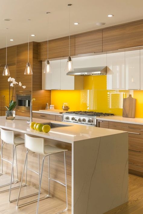 Yellow Kitchen Decorating Ideas, Kitchen With Yellow Accents, Yellow Kitchen Ideas, Black Range Hood, Yellow Cabinets, Cream Kitchen, Teal Hair, Yellow Home Decor, Shaker Cabinets