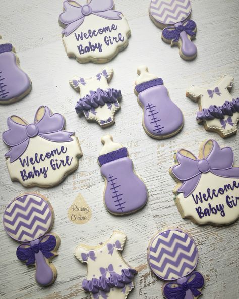 Purple girl baby shower set by Raining Cookies Baby Girl Shower Themes Purple, Purple Baby Shower Theme, Purple Baby Shower, Cat Baby Shower, Elephant Baby Shower Cake, Lavender Baby Showers, Crown Baby Shower, Pastel Baby Shower