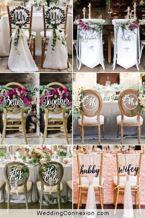 Bride Groom Chairs, Brides Chair, Elegant Wedding Ideas, Wedding Chair Signs, Romantic Fonts, Signs Decor, Book Cake, Wedding Chair Decorations, Chair Covers Wedding