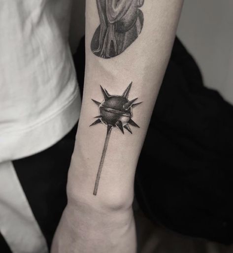 Spike Ball And Chain Tattoo, Spike Ball Tattoo, Shuriken Tattoo, Ball And Chain Tattoo, Lsd Tattoo, Fearless Tattoo, Chain Tattoo, Card Tattoo Designs, Creepy Tattoos