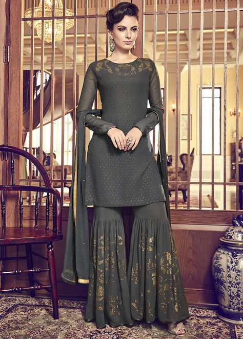 Buy Online Delightful Greyish Black Party Wear Sharara Style Suit Sarara Design Latest, Sharara Designs, Gaun Fashion, Palazzo Suit, Salwar Kameez Online, Sharara Suit, Designer Anarkali, Patiala Salwar, Tarun Tahiliani