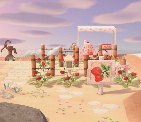 Acnh Watermelon Farm, Animal Crossing Strawberry Farm, Strawberry Island Animal Crossing, Acnh Strawberry Fields, Strawberry Shortcake Animal Crossing, Acnh Strawberry Farm, Animal Crossing Strawberry Shortcake, Acnh Strawberry Design, Animal Crossing Strawberry