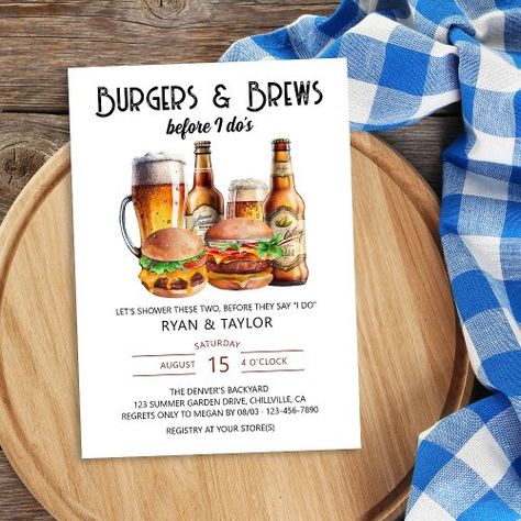 $2.77 | Burgers and Brews Summer BBQ Wedding Shower - bbq shower invitation, burgers and brews, before i do, beer, rustic chic, summer pool barbecue, casual couples shower, bbq wedding shower, coed shower invitation, bbq rehearsal dinner Summer Bbq Wedding, Barbecue Backyard, Wedding Shower Couples, Engagement Bbq, Summer Engagement Party, Bbq Rehearsal Dinner, Backyard Engagement Parties, Wedding Shower Invitation, Bridal Shower Inspo