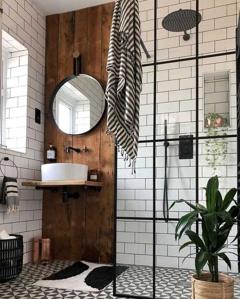 Modern Scandinavian Bathroom, Industrial Bathroom Design, Kabinet Dapur, Scandinavian Bathroom, Industrial Bathroom, Bad Inspiration, Casa Vintage, Small Bathrooms, Wood Bathroom