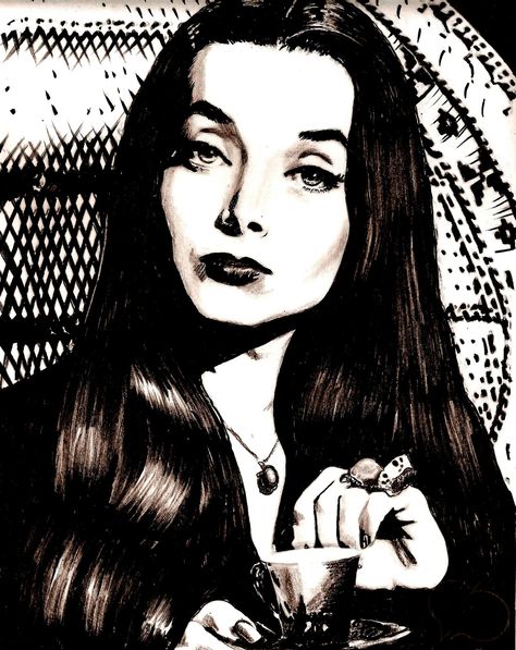 Morticia Addams drawn with black coloured pencils and black markers by Cin Scott. Morticia Addams Art, Addams Morticia, Pencil Rendering, Gomez And Morticia, January 7th, Carolyn Jones, Yvonne De Carlo, Female Vampire, Morticia Addams