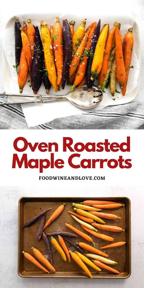 Maple Roasted Carrots, a simple vegan side or meal recipe for delicious carrots sweetened with maple syrup. Nye Side Dishes, Maple Roasted Carrots, Oven Roasted Carrots, Carrots Side Dish, Veggie Ideas, Roasted Carrots Recipe, Eating Carrots, Carrots Recipe, Gluten Free Sides Dishes