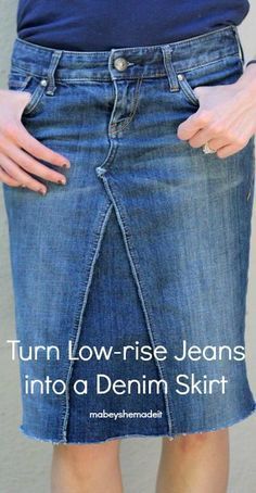 Low-rise Jeans to Denim Skirt | Mabey She Made It | #sewing #refashion #jeanskirt How To Make A Skirt, Diy Fashion No Sew, Diy Pants, Sewing Jeans, Denim Crafts Diy, Skirt Diy, Diy Denim, Diy Jeans, How To Make Skirt