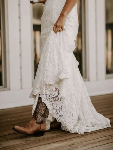 Cowboy Boots Under Wedding Dress, Cowboy Boots Wedding Photos, Boots Under Wedding Dress, Wedding Dresses And Cowgirl Boots, Womens Wedding Cowboy Boots, Wedding Dresses And Cowboy Boots, Boots With Wedding Dress Boho, Lace Wedding Dress With Cowboy Boots, Country Wedding Dress With Boots