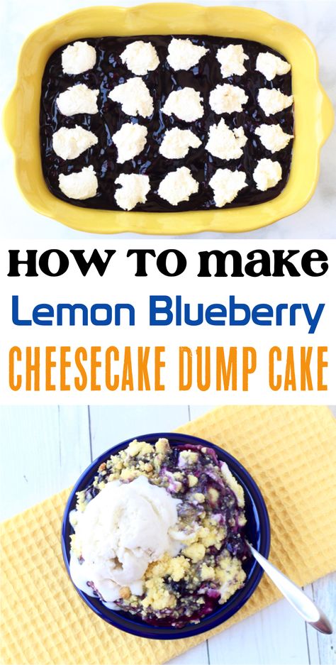 Lemon Blueberry Cheesecake Dump Cake!  This insanely flavorful dessert takes only a few simple ingredients + is the ultimate end to any great dinner! Blueberry Cheesecake Dump Cake, Lemon Blueberry Dump Cake, Lemon Dump Cake Recipe, Cheesecake Dump Cake, Blueberry Dump Cake, Blueberry Dump Cake Recipes, Easy Lemon Cheesecake, Cherry Dump Cake Recipe, Easy Dump Cake Recipe