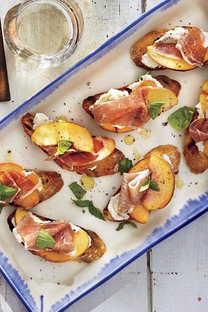 RX_1907_Fresh Peach Recipes_Peach-Ricotta-Prosciutto Toasts Anniversary Party Foods, Peach Ricotta, Ricotta Prosciutto, Peach Prosciutto, Toast Aperitif, Fresh Peach Recipes, 50th Anniversary Party, Italian Appetizers, Peach Recipe