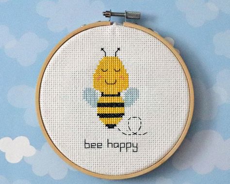 Bee Happy Cross Stitch, Bumble Bee Cross Stitch Pattern, Bee Cross Stitch Pattern, Bee Cross Stitch, Funny Cross Stitch Patterns, Happy Funny, Dmc Embroidery Floss, Quick Stitch, Diy Cross