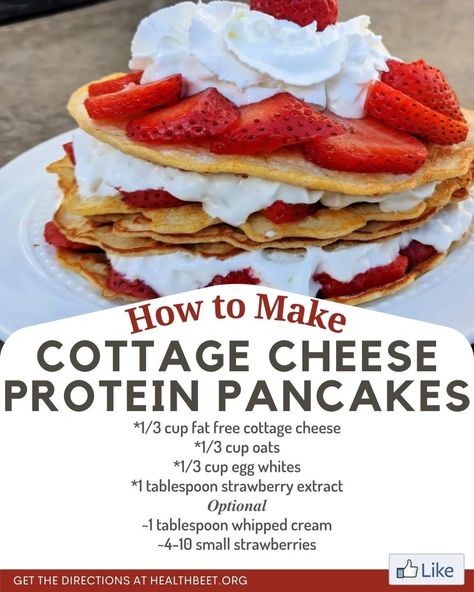 These low calorie pancakes are made with just three main ingredients. Cottage cheese, egg whites, and oats. Adding some flavorings like strawberry extract make them extra tasty! Oatmeal Egg White Pancakes, Low Calorie Pancake Recipe, Oatmeal Cottage Cheese, Oatmeal Cottage Cheese Pancakes, Cottage Cheese Protein Pancakes, Cottage Cheese Pancakes Recipe, Low Calorie Pancakes, Strawberry Extract, Cottage Cheese Eggs