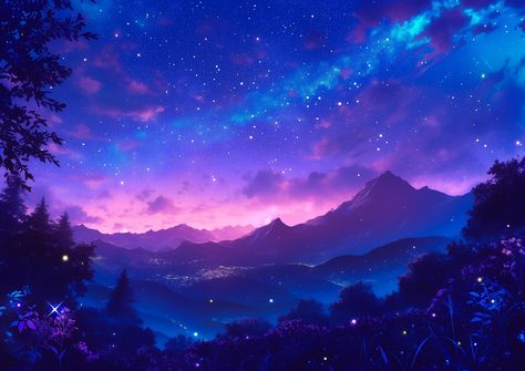 Whispers of the cosmos dancing above a sleeping world. ✨🌄 . #StarryNight #Dream #Mountain #Magic #Cosmic #Fantasy #Nature #DigitalArt #Sky #Stars #Landscape #Night Fantasy Landscape Night, Sky Fantasy Art, Coolest Backgrounds, Stars Landscape, Galaxy Landscape, Night Sky Landscape, Amazing Backgrounds, Magic Dance, Landscape Night