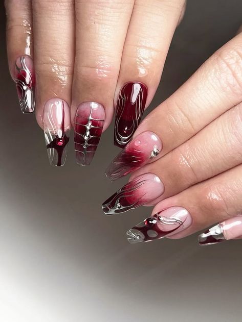 Red Nail Y2k, Red Nail Designs Coffin Shape, Japanese Red Nails, Edgy Red Nails, Spider Lily Nails, Blood Red Nails Design, Reddish Nails, Red Nails Y2k, Y2k Red Nails