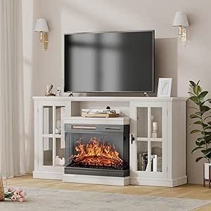 Furniwell Electric Fireplace TV Stand for TVs up to 65’’, Farmhouse Media Entertainment Center with 3-Sided Glass Fireplace, TV Console with Door Storage Cabinet for Living Room (White) Fireplace With Cabinets, Fireplace Tv Console, Electric Fireplace Tv, Media Entertainment Center, Cabinet For Living Room, Metal Windmill, Condo Decor, Electric Fireplace Tv Stand, Store Books