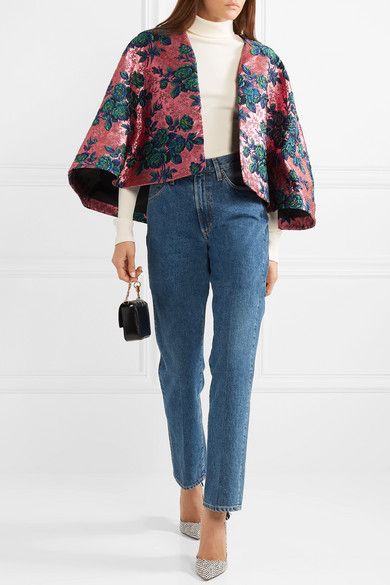 Pink Brocade, French City, Gucci Floral, Gucci Outfits, Fashion 2020, Apparel Design, Crop Jacket, Blouse Styles, Kimonos