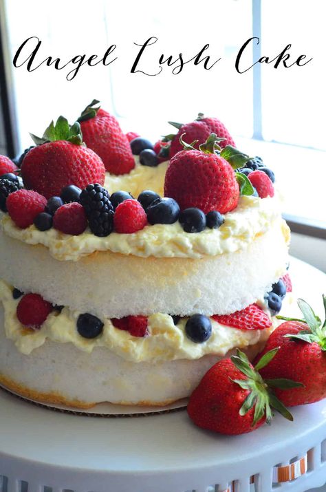 Try this sweet summer recipe for Angel Lush Cake! #dessert #summerrecipe #cake Lush Cake, Yummy Kitchen, Cheesecake Oreo, Homemade Strawberry Sauce, Cheesecake Mini, Easy Gluten Free Desserts, Homemade Snickers, July Recipes, Easy No Bake Desserts