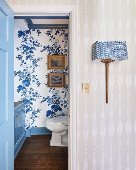 When I text my friend @matters_of_style that I wanted to find a place in my house for Schumacher’s Indigo Pyne Hollyhock, my all-time… | Instagram Pyne Hollyhock, Favorite Wallpaper, Text Back, Water Closet, Amazing Spaces, Painting Trim, Jewel Box, Clawfoot Bathtub, My House