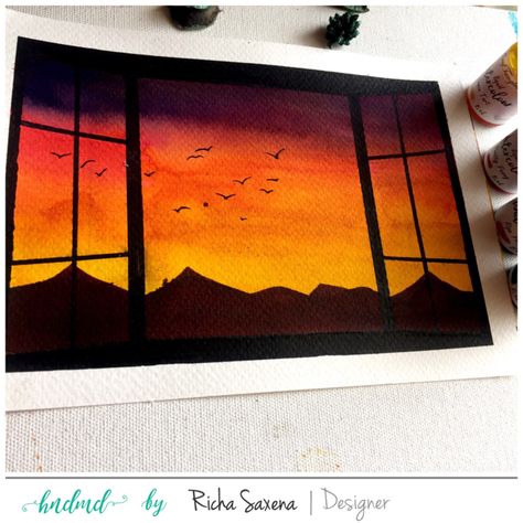 Sunset through my window - Watercolor piece by Richa using CrafTangles watercolor products Window Watercolor, Through My Window, Sky Art Painting, Cubism Art, Flower Painting Canvas, Simple Canvas Paintings, Easy Canvas, Easy Canvas Art, Oil Pastel Art