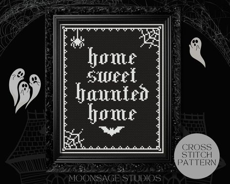 "A fun and spooky Gothic Cross Stitch pattern that will make a beautiful addition to any gothic decor, spooky gallery wall, or even as a gift to your favorite witch or ghoul! ☾ SIZE ☽ Sizes for 14 count Aida Cloth:  Design size: 6-1/2 inches (16.5cm) wide by 8 inches (20.3cm) high  Fabric Size: 11 inches (27cm) wide by 12 inches (30cm) high Count Size: 91 x 112 stitches  ☾ SPECIFICATIONS ☽ This pattern was created with 1 colour of white DMC thread and black 14 count Aida cloth, however; feel fre Ghostface Cross Stitch, Spooky Cross Stitch Pattern, Witchy Cross Stitch Patterns, Goth Cross Stitch, Witchy Cross Stitch, Horror Cross Stitch, Spooky Cross Stitch, Home Sweet Haunted Home, Pagan Cross Stitch