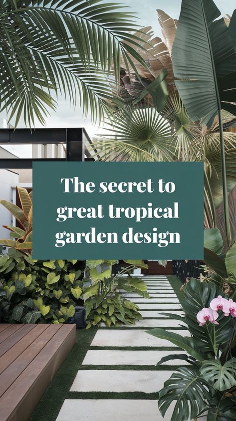 Create Your Own Lush Tropical Oasis at Home 🌺🌿 Layered Tropical Garden, Low Maintenance Tropical Plants, Tropical Garden Edging, Tropical Garden Design Full Sun, Tropical Border Plants, Modern Tropical Backyard Landscaping, Tropical Garden With Pool, Tropical Garden Landscaping, Tropical Flower Beds Landscaping Ideas