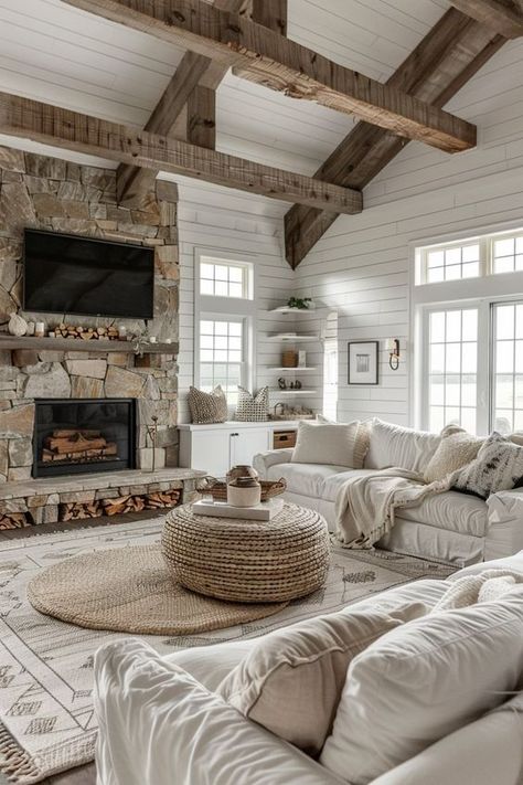 Emslifeandloves Medditeranean Style Home Interior Design, Medditeranean Style Home, Western Living Room, Modern Farmhouse Living, Modern Farmhouse Living Room, Brick Fireplace, Beautiful Living Rooms, Living Room With Fireplace, Farmhouse Living