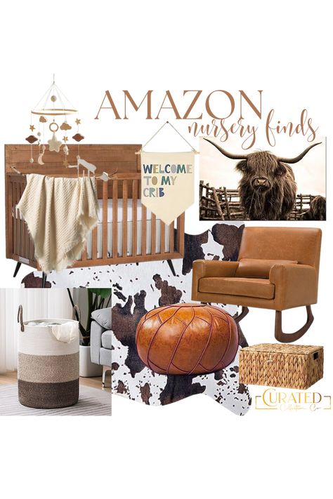 Mid-century modern crib, saddlecolored faux rockingchair, Nuetral striped hamper, faux cowhide rug, brown faux leather pouf, boho boy blanket, bull, and other wall hangings, wicker box, boho mobile
 #Ifounditonamazon  #ad Cowhide Nursery, Faux Cowhide Rug, Boho Mobile, Nursery Boy, Modern Crib, Wicker Box, Cowboy Baby, Faux Cowhide, Boy Blanket