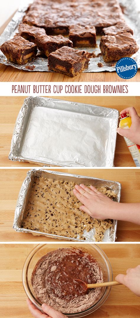 This says it all: Peanut Butter Cup Cookie Dough Brownies! Friends and family will go crazy about these sweet treats. Make two batches to serve a large crowd. Dessert will never be the same! Chocolate Chip Peanut Butter Cup Brownie, Cookie Dough Peanut Butter Cup Brownie, Cookie Peanut Butter Cup Brownie, Brownie Cookie Dough Recipe, Cookie Bottom Dessert, Cookie Bottom Brownies, Pillsbury Cookie Dough Recipes, Peanut Butter Cookie Dough Brownies, Cup Cookie