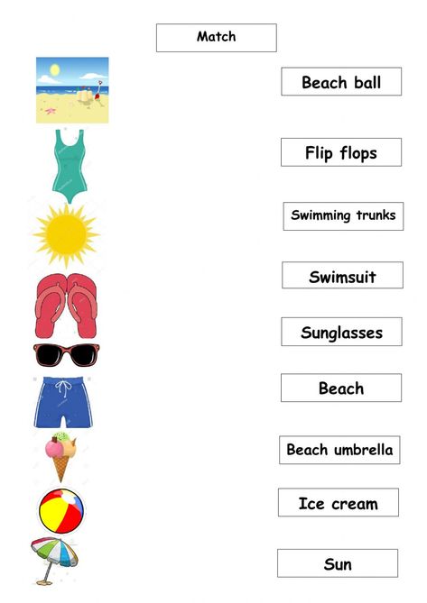 Summer Vocabulary Activities, Summer Season Worksheets For Kids, Summer Vocabulary For Kids, At The Beach Worksheet, Vacation Activities For Kids, Summer Worksheets For Kids, Beach Worksheet, Beach Vocabulary, Beach Activities For Kids