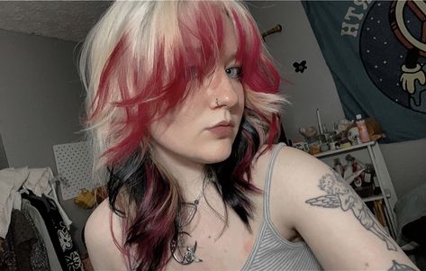 #hair #wolfcut Grunge Hair Inspo Color, Hair Dyed At The Tips, Pink And Black Hair Wolfcut, Emo Hair Color Short, Died Ends Of Hair Brown, Dyed Grunge Hair, Blonde With Dyed Tips, Dark Brown And Colored Hair, Dyed Wolfcut Hair