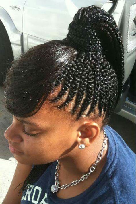 #ponytail #with bang 6"bang Cornrow Ponytail With Bangs, African American Updo Hairstyles, Ponytail With Bangs, Half Cornrows, Corn Row, Cornrow Ponytail, Braided Pony, Braiding Styles, African Hair Braiding Styles