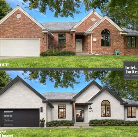 House Exterior Remodel Before And After, 90s Brick House Exterior Makeover, Remodeled Brick Ranch Exterior, High Ranch Remodel, 90s Ranch Exterior Update, Brick Painted House, Modernizing Old Home, Before And After Ranch House Exterior, Traditional Brick Home Exterior Makeover